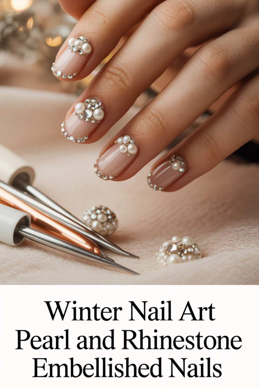 A hand with almond-shaped nails decorated with pearls and rhinestones over a nude base. Nail art tools and loose pearls are nearby. Text below reads: Winter Nail Art Pearl and Rhinestone Embellished Nails.