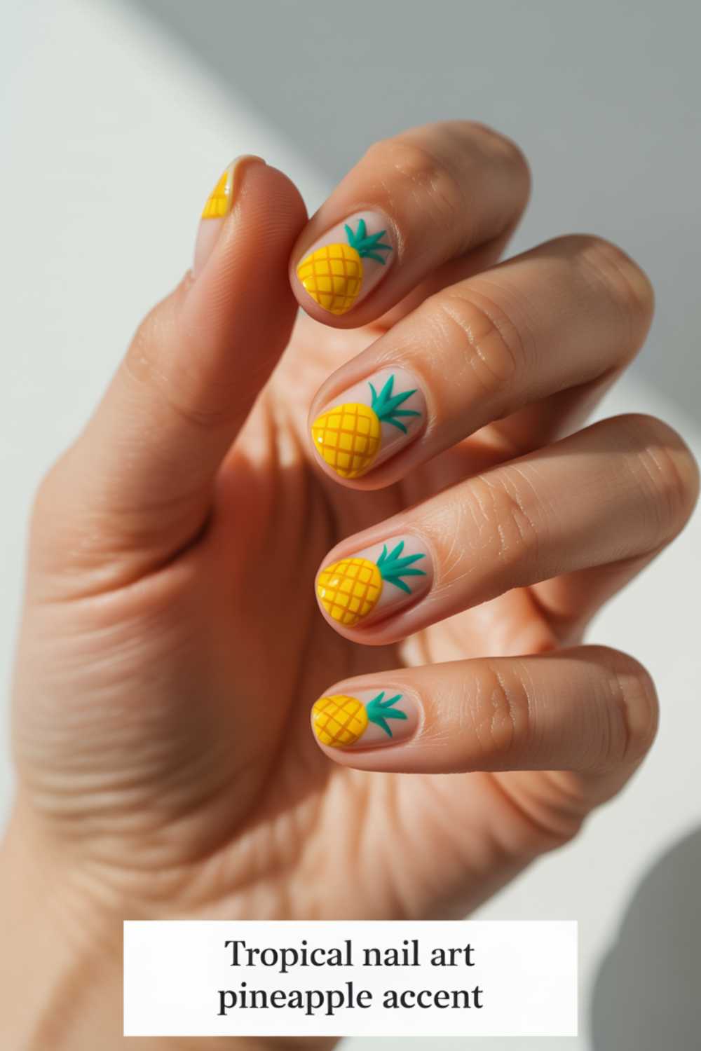 A hand with fingernails painted in a tropical pineapple design, featuring yellow pineapples with green leaves on a natural nail base. Text at the bottom reads, Tropical nail art pineapple accent.