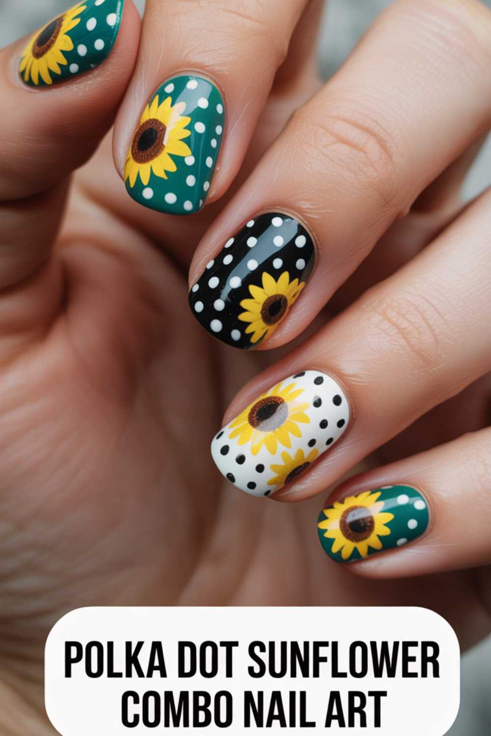 A hand with manicured nails featuring polka dot and sunflower designs on green, black, and white backgrounds. Text at the bottom reads: Polka Dot Sunflower Combo Nail Art.