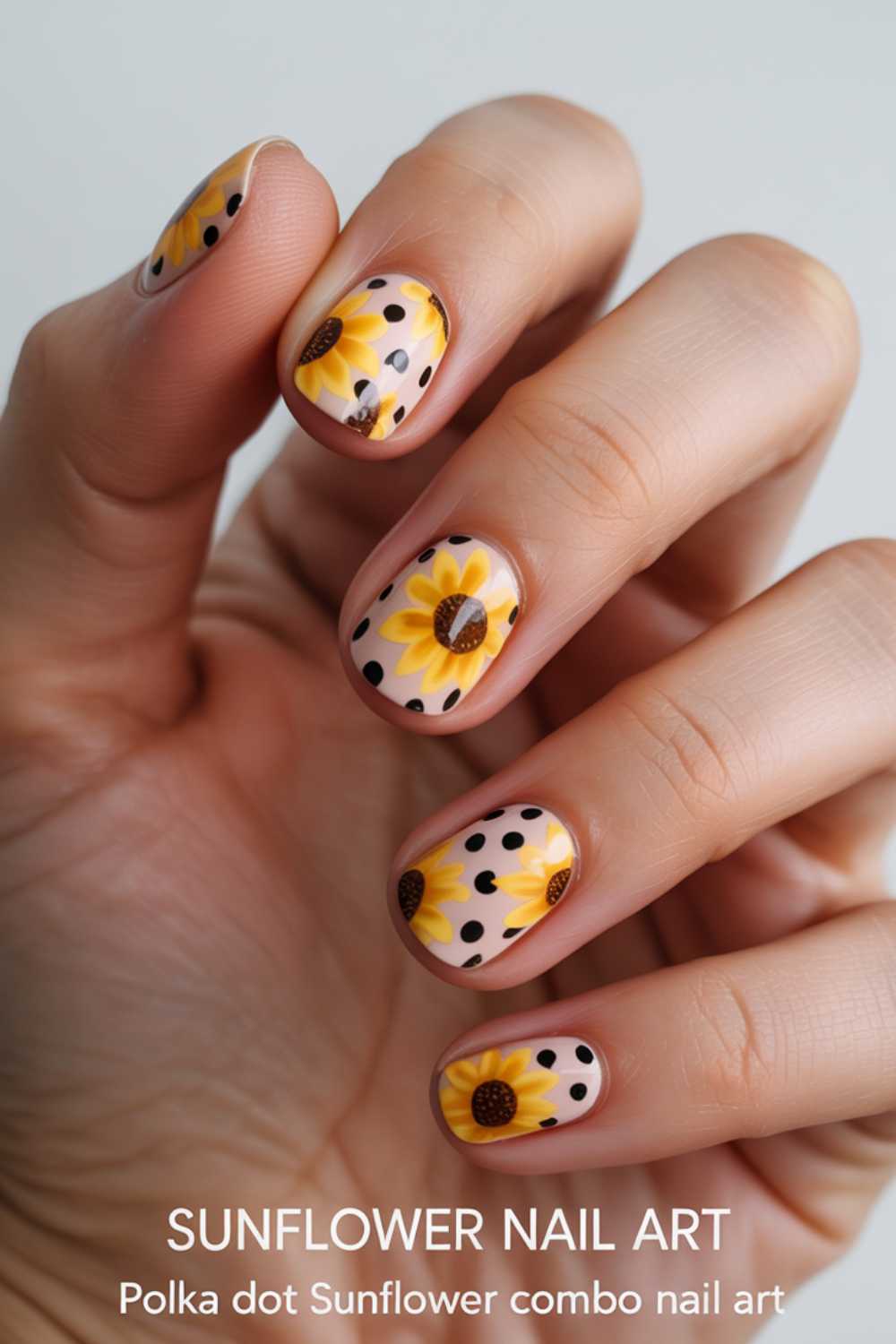 Close-up of a hand with short nails painted with sunflower designs and black polka dots on a nude base. Text at the bottom reads, SUNFLOWER NAIL ART: Polka dot Sunflower combo nail art.
