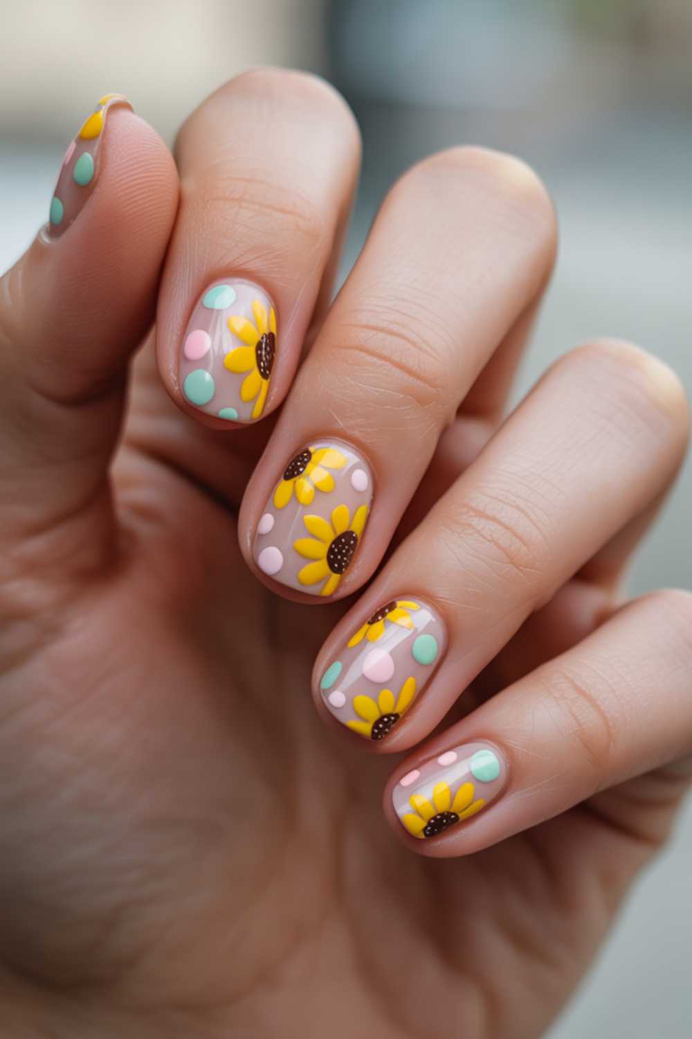 Polka Dot Sunflower Combo Nail Art