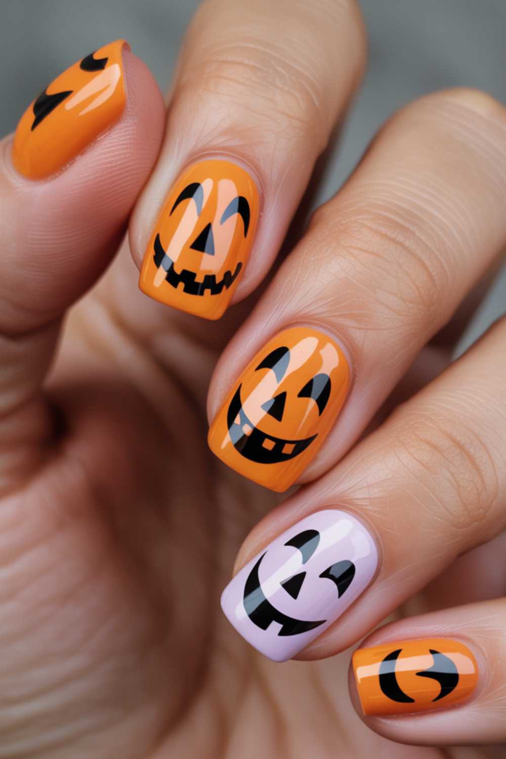 A hand with Halloween-themed nail art featuring orange and white nails, each painted with black jack-o-lantern faces and smiles.