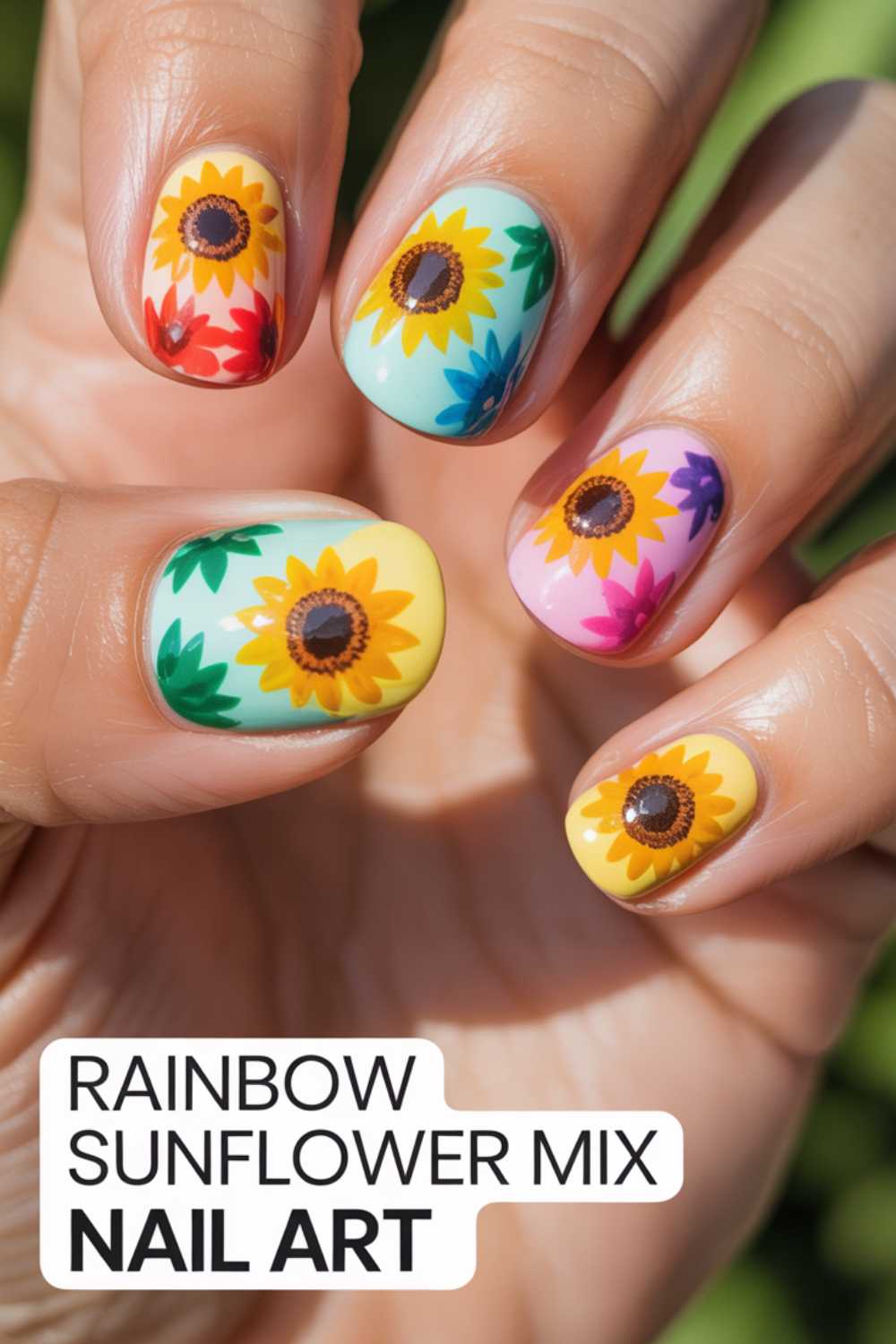 A hand with nails painted in pastel colors, each featuring a vibrant sunflower and colorful leaves. Text at the bottom reads “Rainbow Sunflower Mix Nail Art.”.