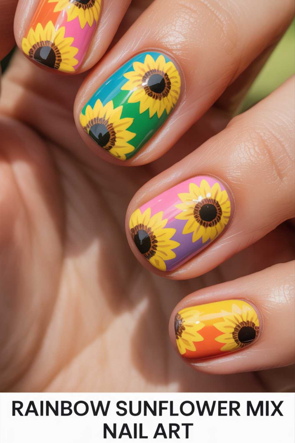 A close-up of fingernails painted with rainbow-colored backgrounds and detailed sunflower designs. The text below reads RAINBOW SUNFLOWER MIX NAIL ART.