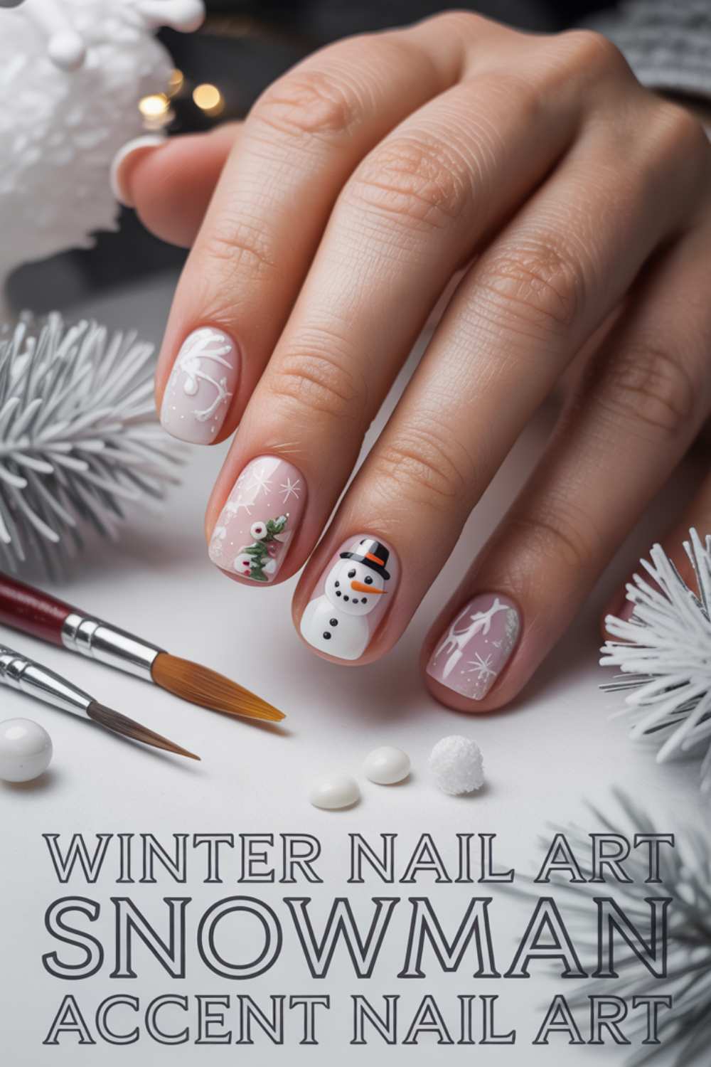 A hand with winter-themed nail art, featuring a snowman, snowflakes, and pine trees on pale pink nails. White decorative branches and paintbrushes are nearby. Text reads: Winter Nail Art Snowman Accent Nail Art.