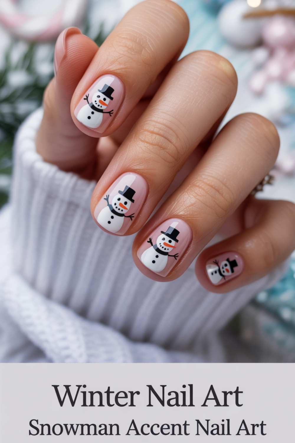 A hand with manicured nails featuring cute snowman designs on each nail. The person is wearing a white sweater, and the text below reads: Winter Nail Art - Snowman Accent Nail Art.