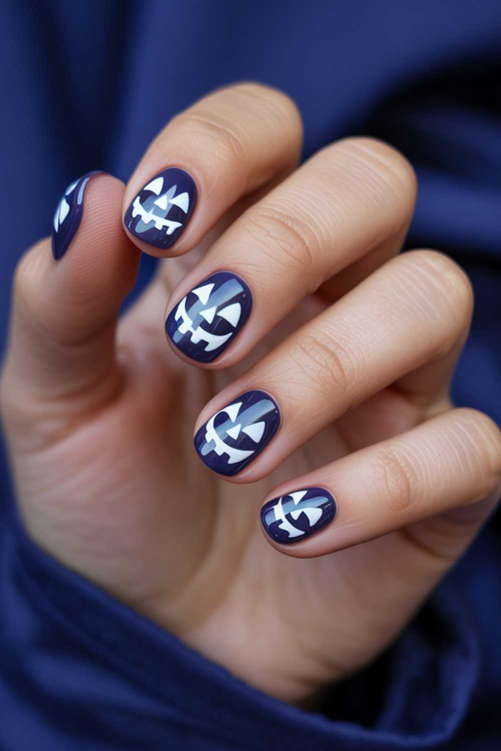 A hand with dark blue nail polish featuring white jack-o-lantern face designs on each fingernail, set against a blue background.