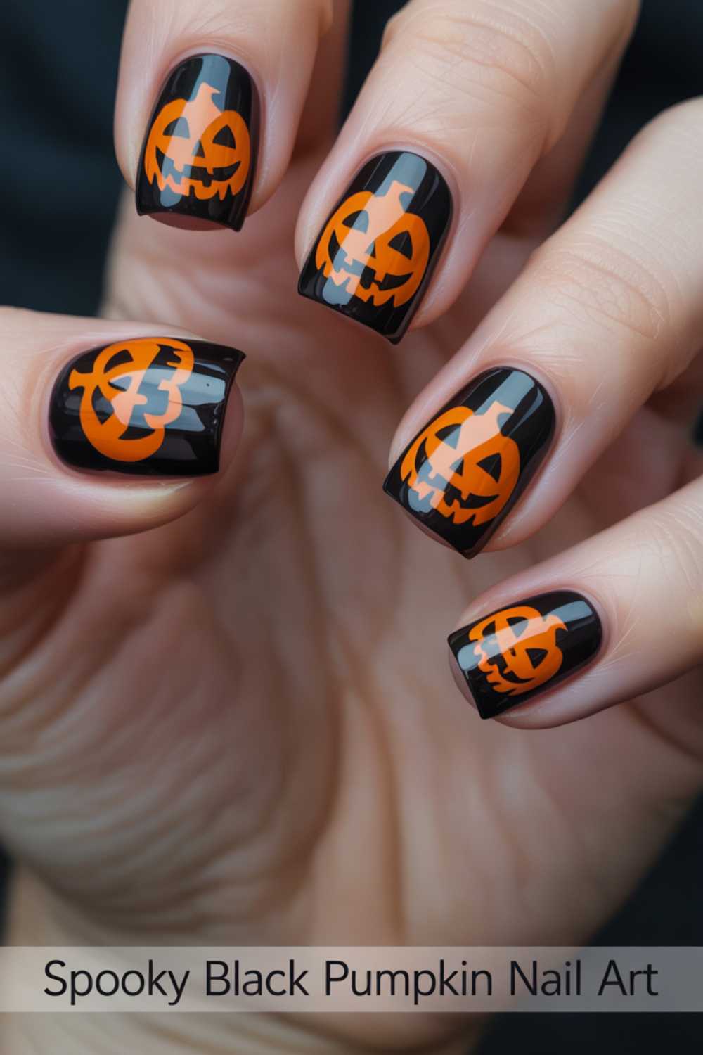 A hand with black nail polish featuring bright orange jack-o’-lantern pumpkin faces on each nail. Text at the bottom reads, Spooky Black Pumpkin Nail Art.