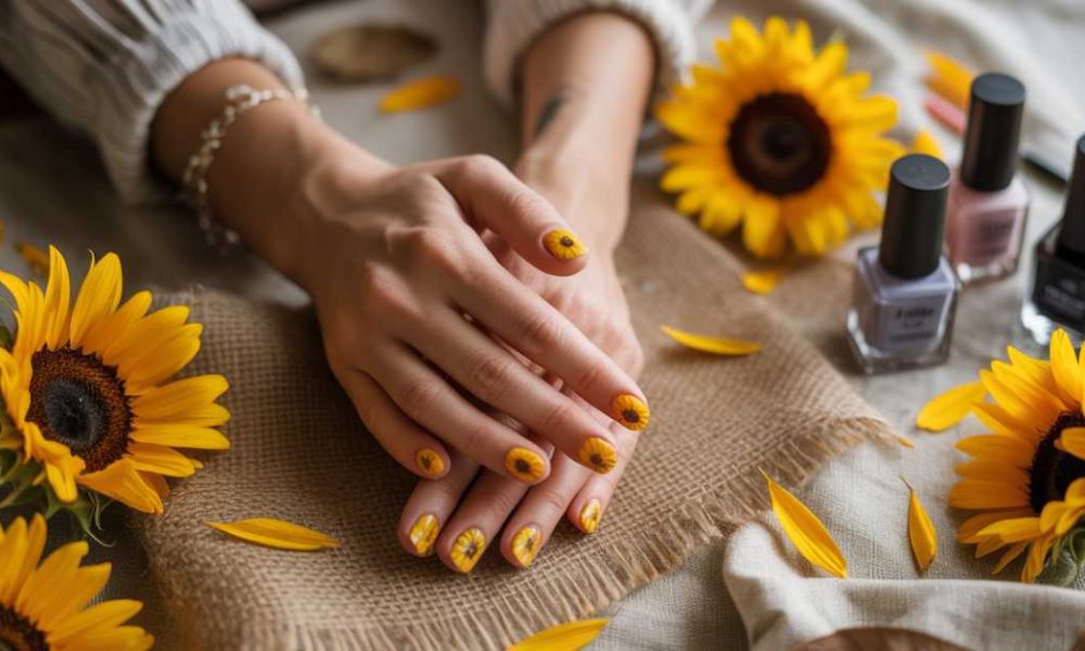 A pair of hands with sunflower-themed nail art rest on burlap surrounded by sunflower blooms, petals, and bottles of nail polish on a beige fabric surface.