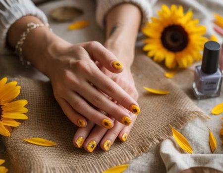 A pair of hands with sunflower-themed nail art rest on burlap surrounded by sunflower blooms, petals, and bottles of nail polish on a beige fabric surface.