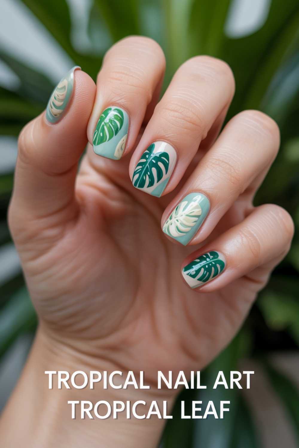 A hand with manicured nails features tropical leaf nail art in green and cream tones. The background includes soft-focus green leaves. Text at the bottom reads: TROPICAL NAIL ART TROPICAL LEAF.