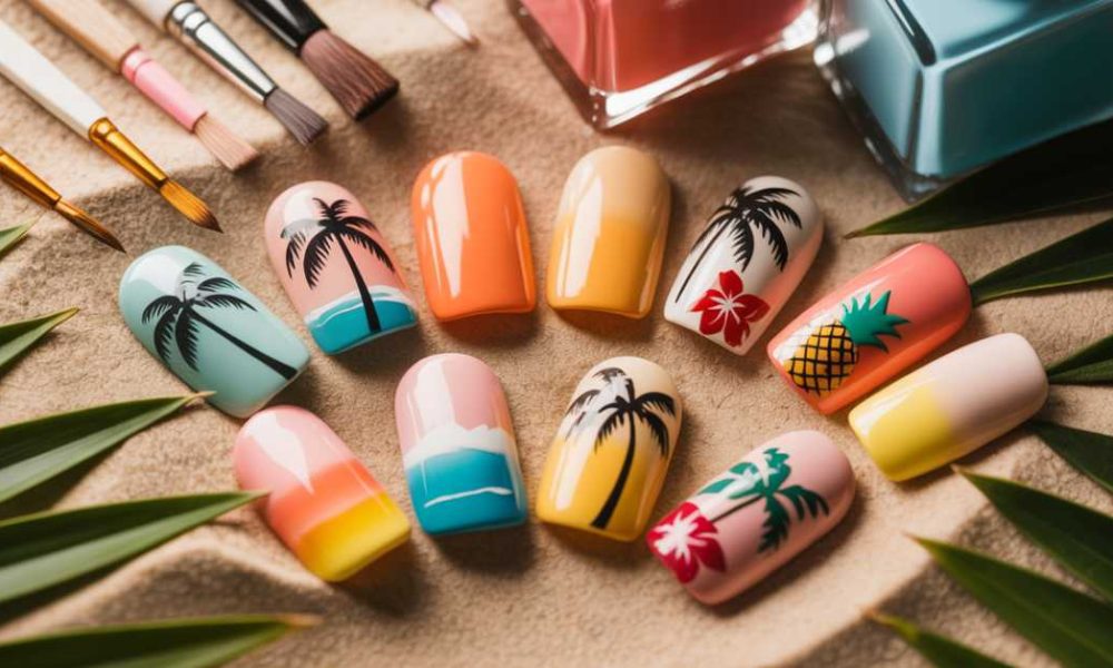 A set of artificial nails with tropical-themed designs, including palm trees, sunsets, flowers, pineapples, and beach scenes, arranged on a beige surface with green leaves and nail art tools nearby.