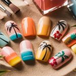 A set of artificial nails with tropical-themed designs, including palm trees, sunsets, flowers, pineapples, and beach scenes, arranged on a beige surface with green leaves and nail art tools nearby.