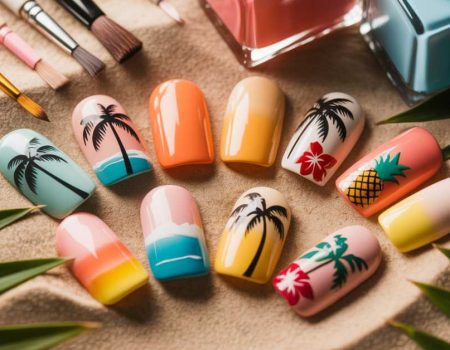 A set of artificial nails with tropical-themed designs, including palm trees, sunsets, flowers, pineapples, and beach scenes, arranged on a beige surface with green leaves and nail art tools nearby.