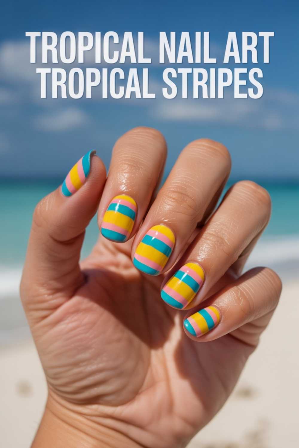A hand with nails painted in colorful tropical stripes, featuring blue, yellow, orange, and green, is held up against a beach background. Text reads Tropical Nail Art, Tropical Stripes.