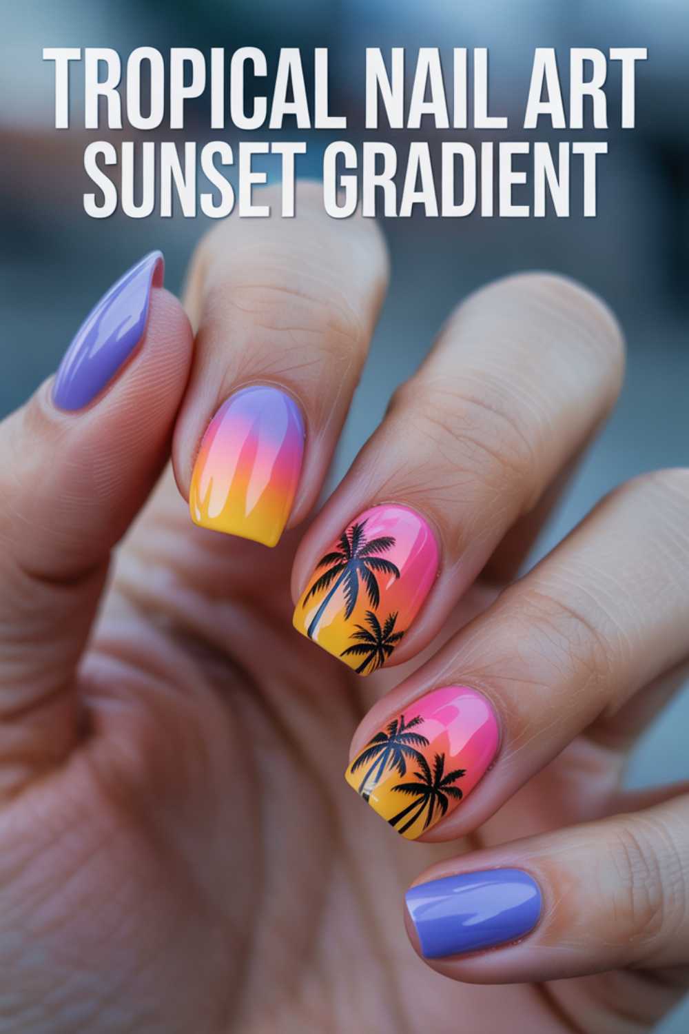 A hand with nails painted in a tropical sunset gradient of purple, pink, orange, and yellow, featuring black palm tree designs on two nails. Text above reads, TROPICAL NAIL ART SUNSET GRADIENT.