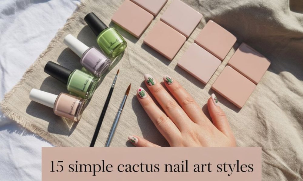 A hand with cactus nail art is shown next to three bottles of nail polish, two brushes, and pink nail display tiles on a beige cloth. Text reads: 15 simple cactus nail art styles.