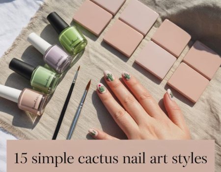 A hand with cactus nail art is shown next to three bottles of nail polish, two brushes, and pink nail display tiles on a beige cloth. Text reads: 15 simple cactus nail art styles.