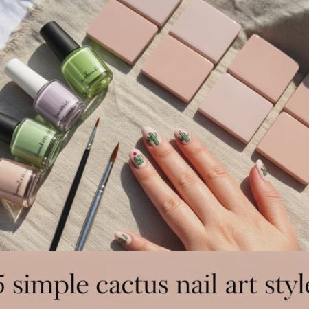 A hand with cactus nail art is shown next to three bottles of nail polish, two brushes, and pink nail display tiles on a beige cloth. Text reads: 15 simple cactus nail art styles.