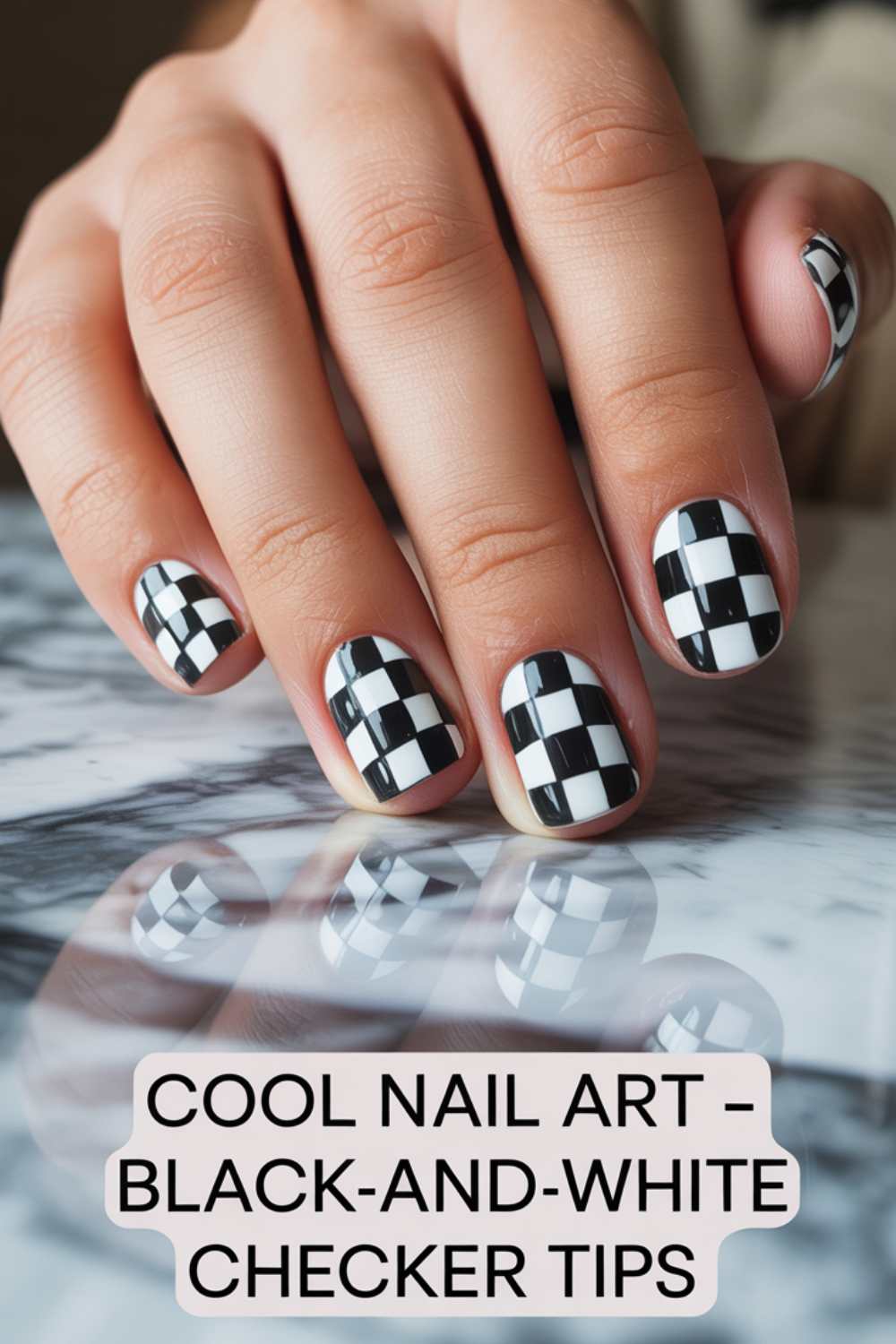 A hand with short nails featuring black-and-white checkerboard nail art tips, resting on a marble surface. Text overlay reads, Cool nail art – black-and-white checker tips.