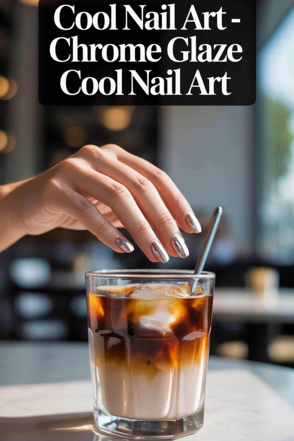 A hand with shiny chrome-glazed nails holds a glass of iced coffee on a white table, with blurred indoor background and text reading Cool Nail Art - Chrome Glaze Cool Nail Art.