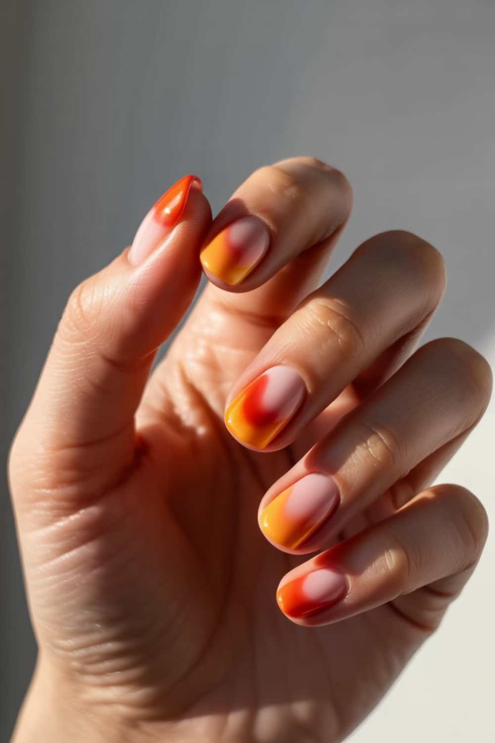 A hand with short, rounded nails featuring a colorful abstract design in orange, yellow, and red tones on a nude base, shown in natural light.