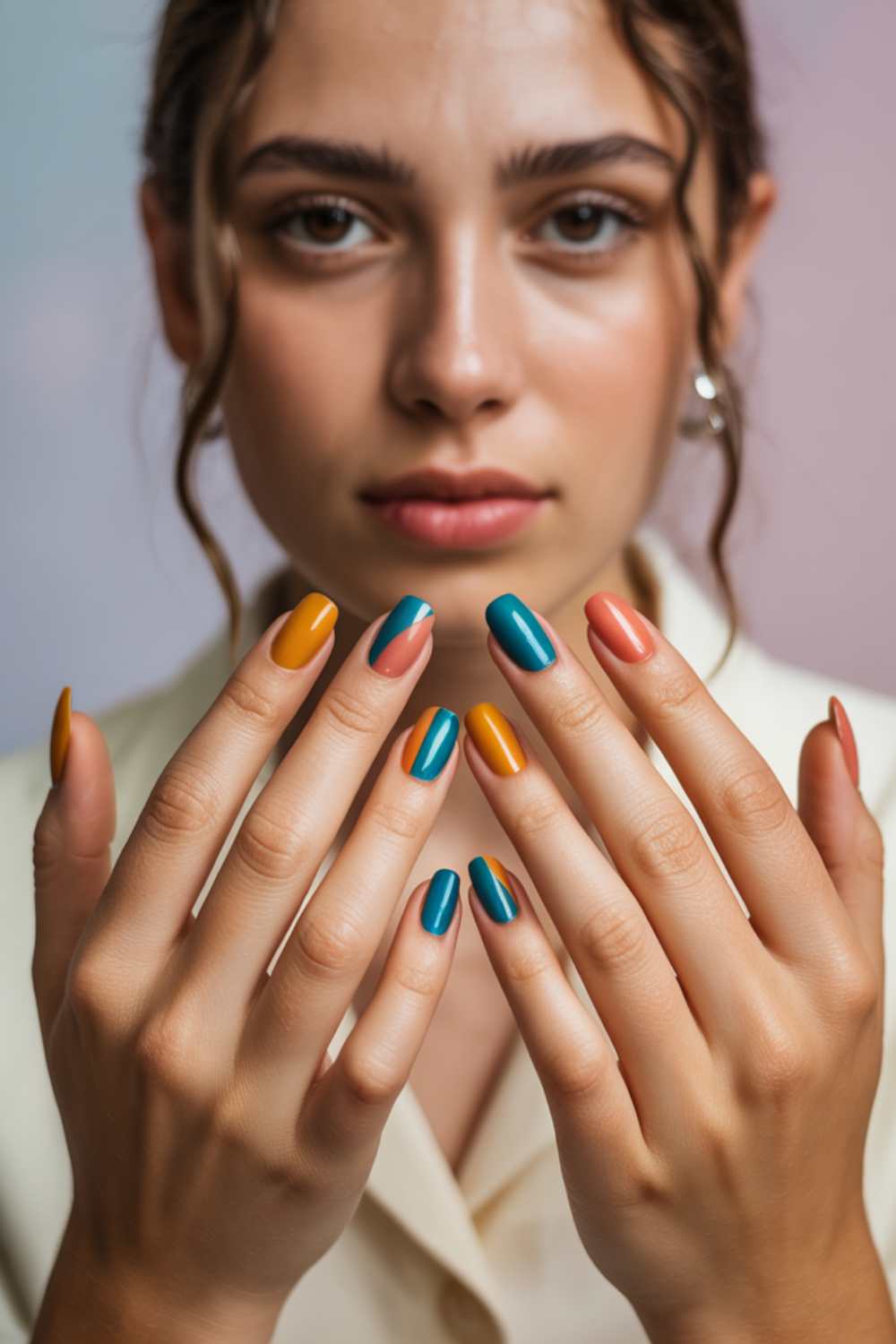 A woman with wavy brown hair holds her hands up, displaying nails painted in alternating teal and orange polish. She wears a cream-colored top and pearl earrings, with a soft-focus pastel background behind her.