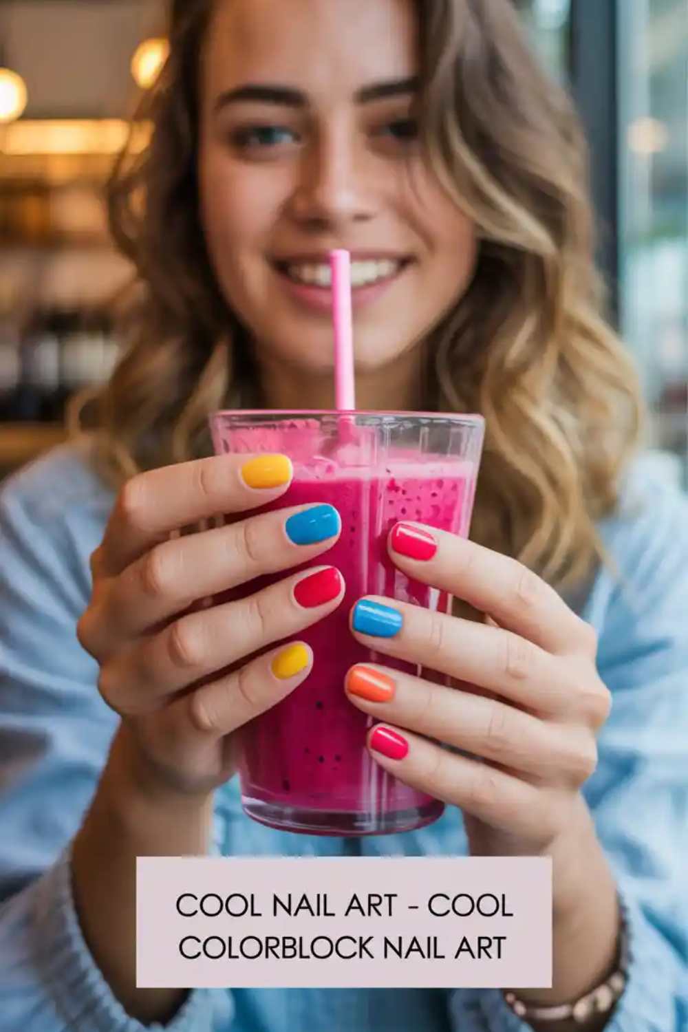 A smiling woman holds a pink smoothie with both hands, showing off her colorful colorblock nail art in yellow, blue, pink, and orange shades. Text at the bottom reads: COOL NAIL ART - COOL COLORBLOCK NAIL ART.