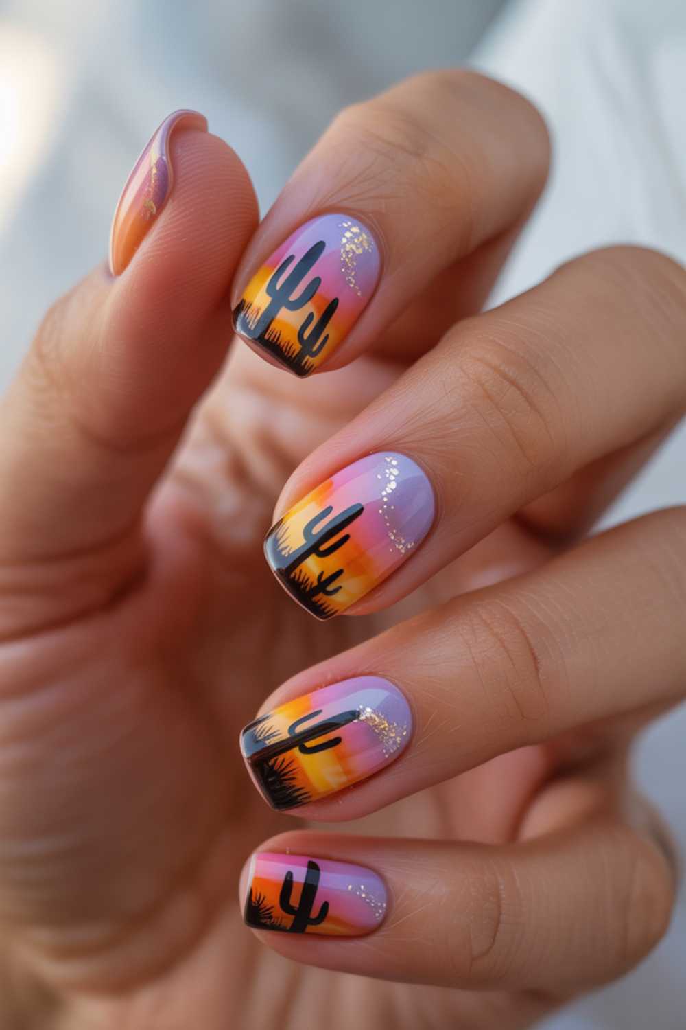 A hand with nails painted in a sunset gradient featuring black cactus silhouettes, sparkles, and desert scenery details.