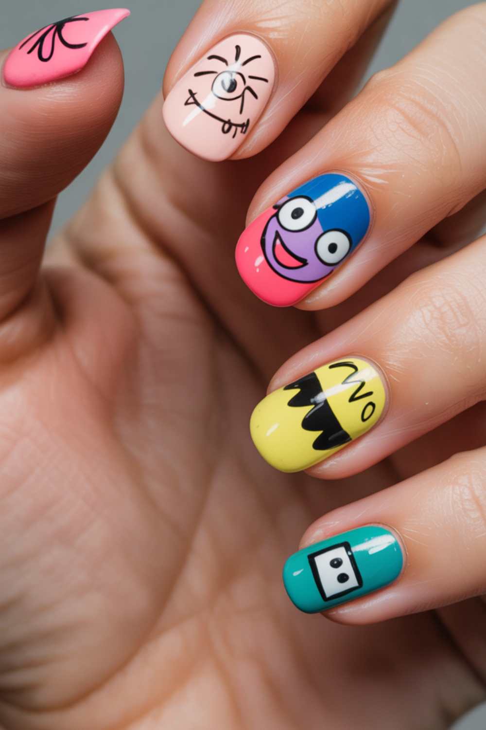 A hand with colorful, cartoon-inspired nail art. Each fingernail features a unique design, including a winking eye, smiling face, wide-eyed face, the word NO, and a square robot face, all on a pastel background.
