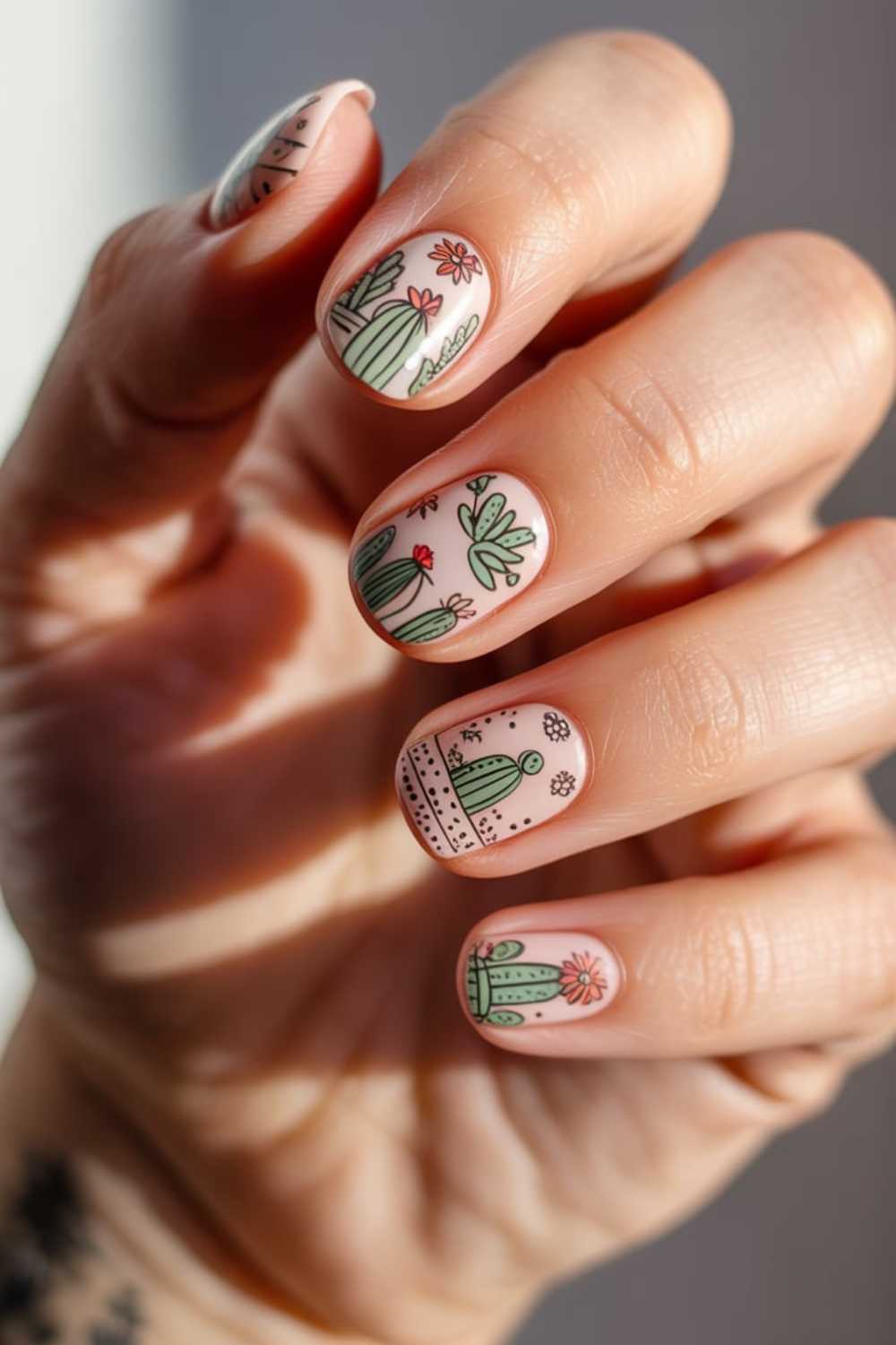 A close-up of a hand with short, oval nails featuring a light pink base and detailed cactus and flower nail art designs in green, black, and red tones.