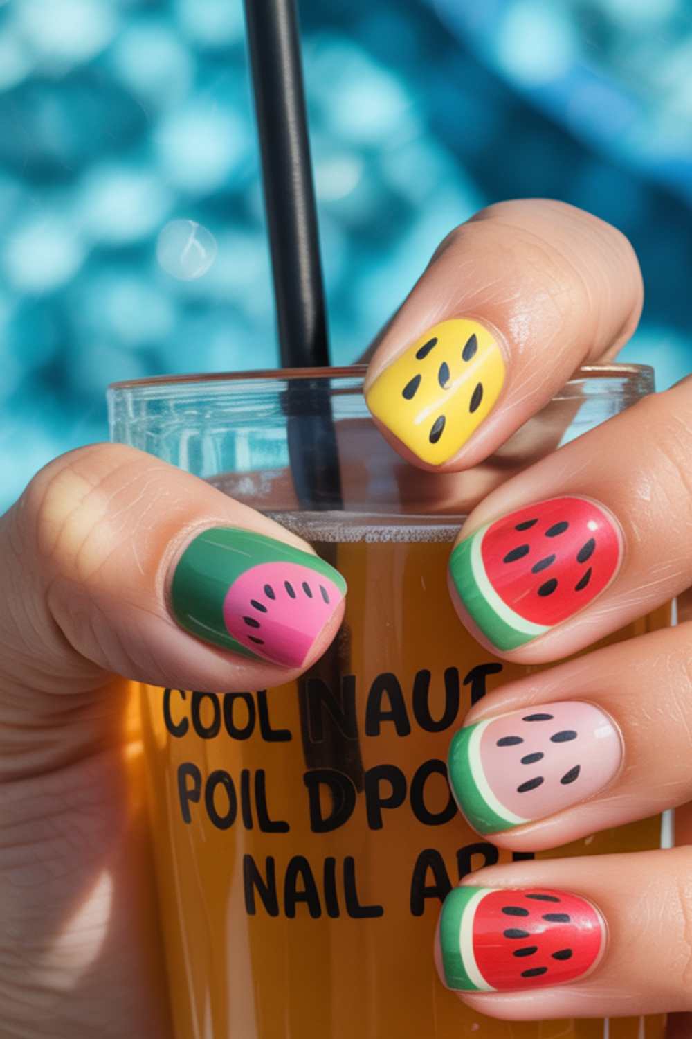 A hand holding a drink with a black straw, featuring colorful nail art designed to look like various fruits such as watermelon, kiwi, and lemon. The background is blue and blurry.