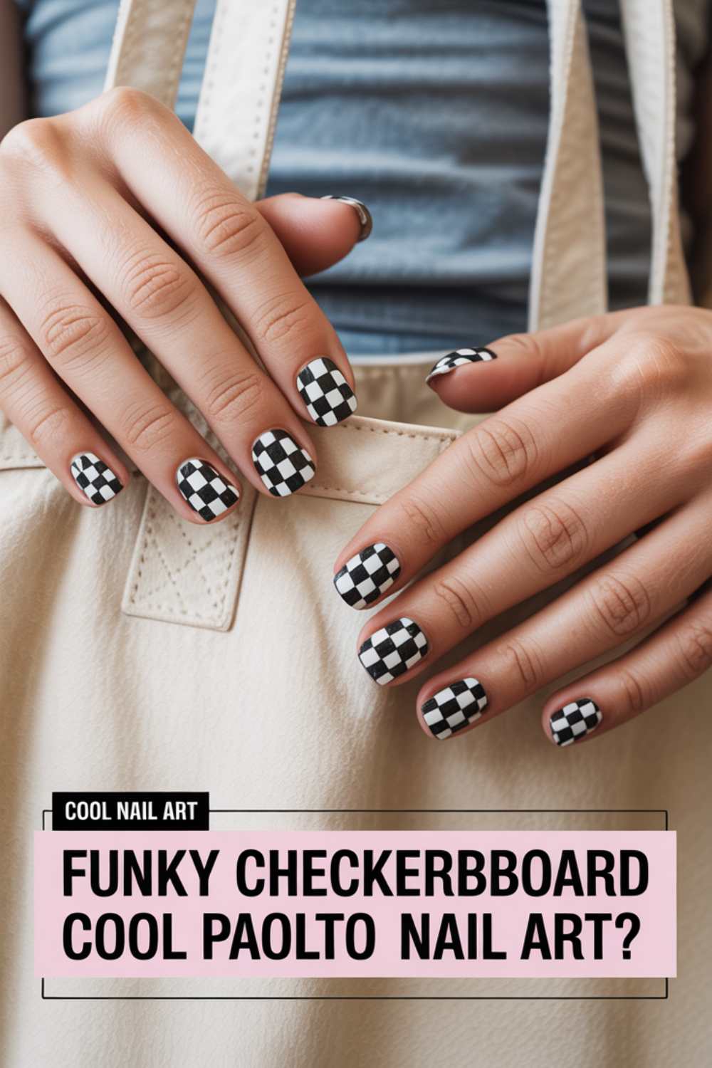 A person with neatly manicured nails painted in a black and white checkerboard pattern holds the handle of a beige tote bag. Text at the bottom reads, Funky Checkerboard Cool Paolto Nail Art?.