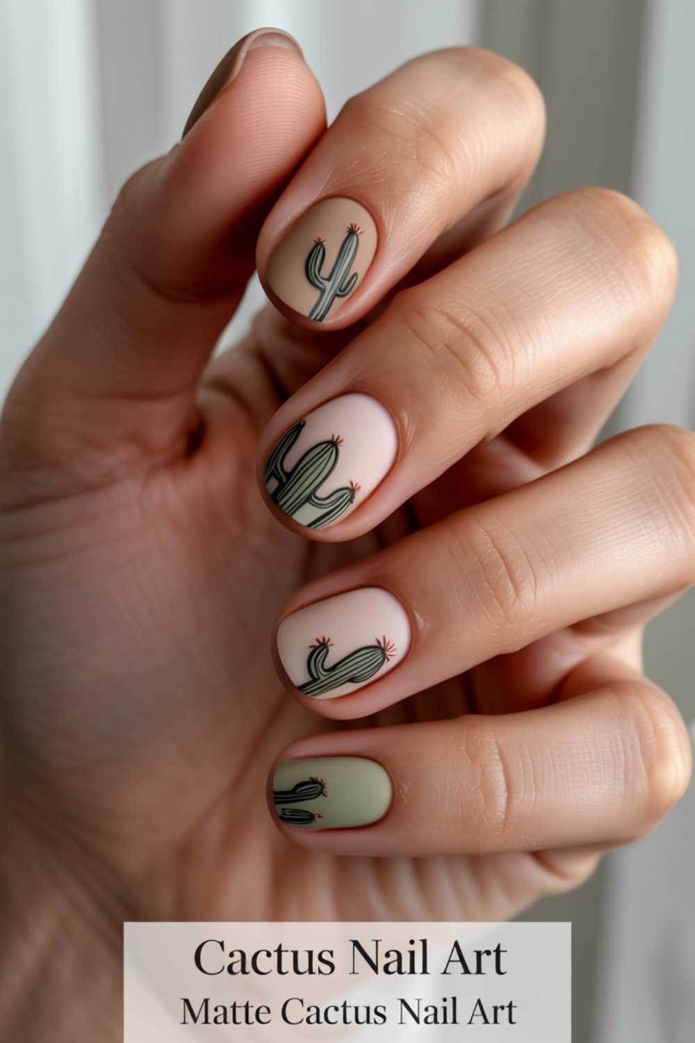 A hand with short, matte pastel nails featuring cactus designs in green and black on each nail. The background is softly blurred. A text overlay at the bottom reads Cactus Nail Art Matte Cactus Nail Art.