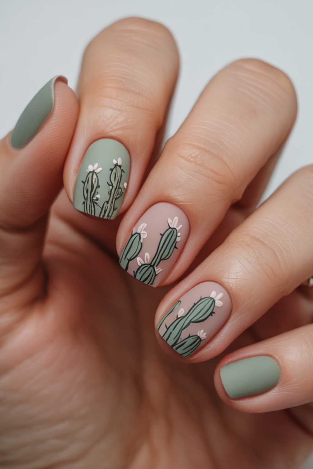 A hand with matte olive green and nude nails featuring detailed cactus and flower designs painted on the ring and middle fingernails.