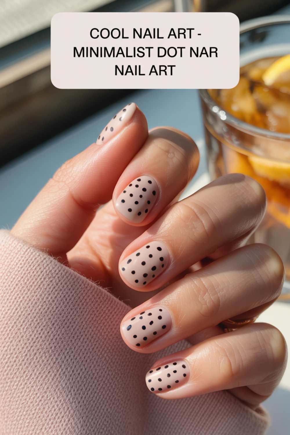 A hand with short, natural nails painted in a minimalist style, featuring nude polish and neat black dots. The person wears a light pink sleeve and holds a glass of iced tea. Text above reads: Cool Nail Art - Minimalist Dot Nail Art.