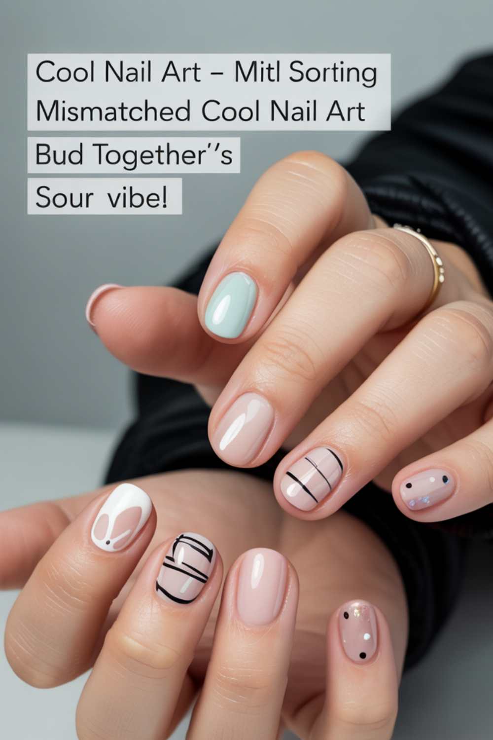 A hand with mismatched nail art designs, including pastel colors, black lines, dots, and abstract patterns. Text above the nails reads: Cool Nail Art – Mitl Sorting Mismatched Cool Nail Art Bud Together’s Sour vibe!.