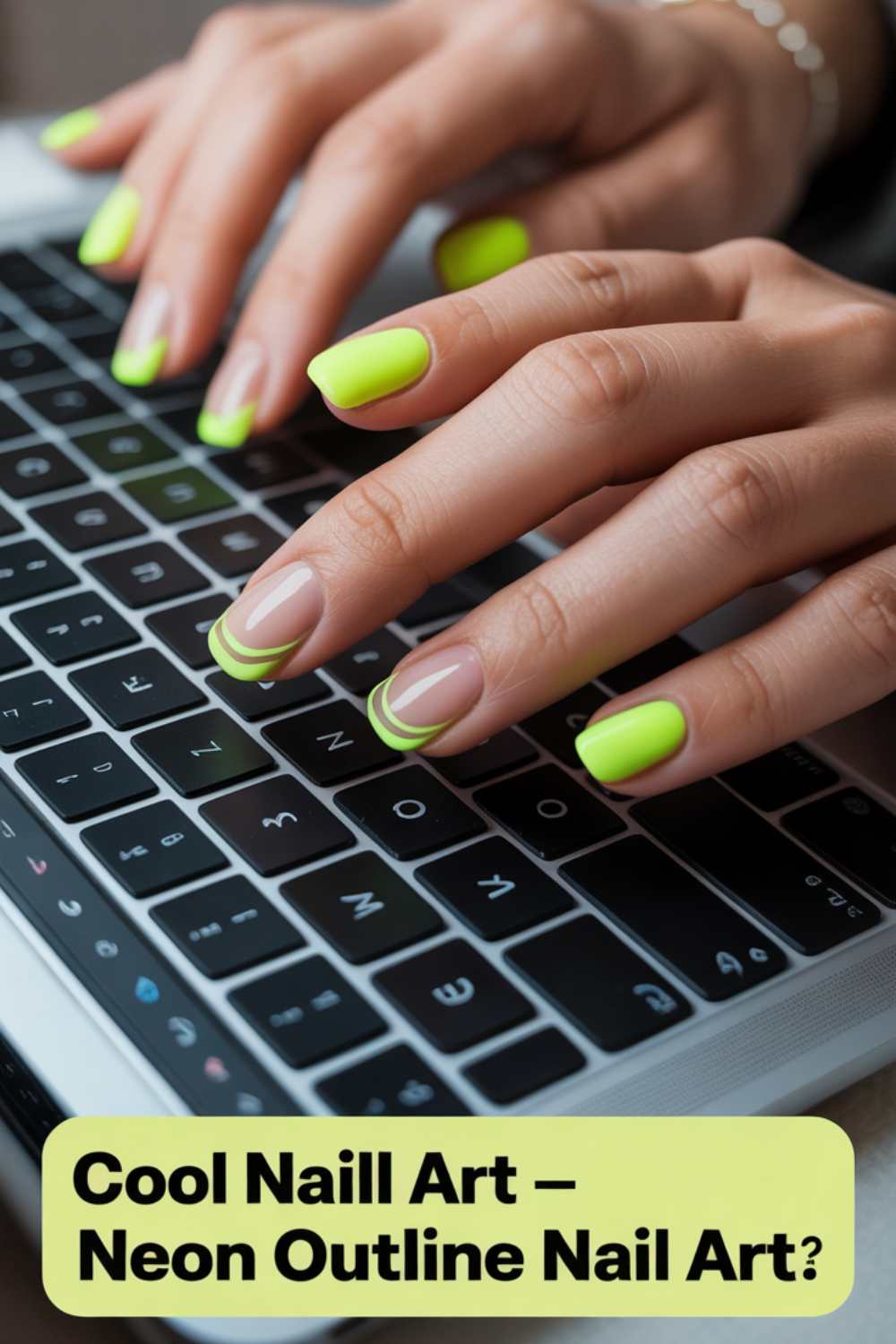 Close-up of hands with neon green outlined nail art typing on a laptop keyboard. Text at the bottom reads, “Cool Nail Art — Neon Outline Nail Art?”.