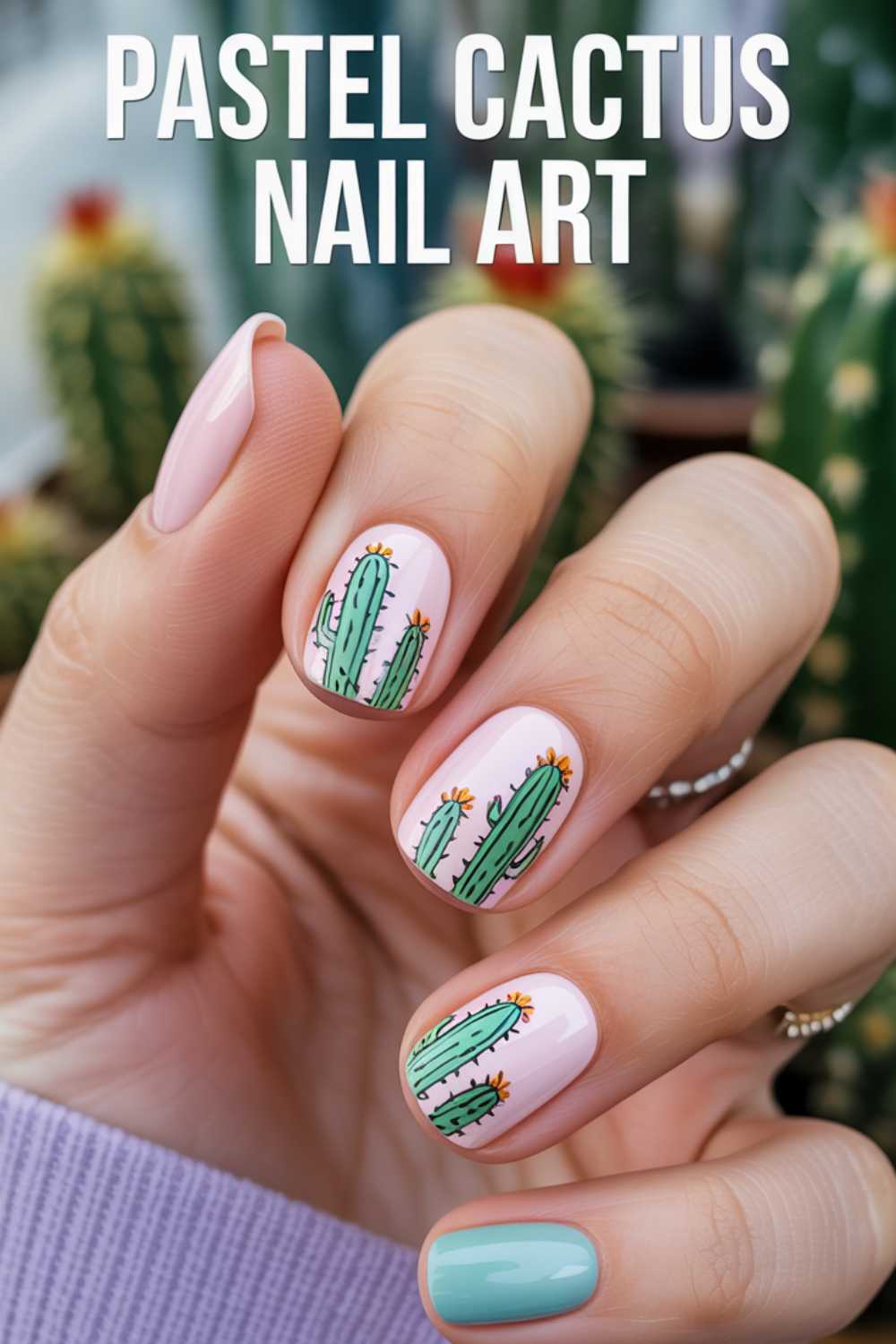 A hand with pastel nail art featuring green cactus designs on a pale pink base, one nail in solid pastel blue, and a background of real cacti. Bold text at the top reads Pastel Cactus Nail Art.