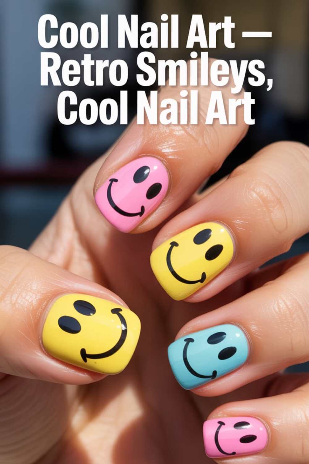 Close-up of a hand with colorful nail art featuring retro smiley faces in pink, yellow, and blue. White text at the top reads, “Cool Nail Art — Retro Smileys, Cool Nail Art.”.
