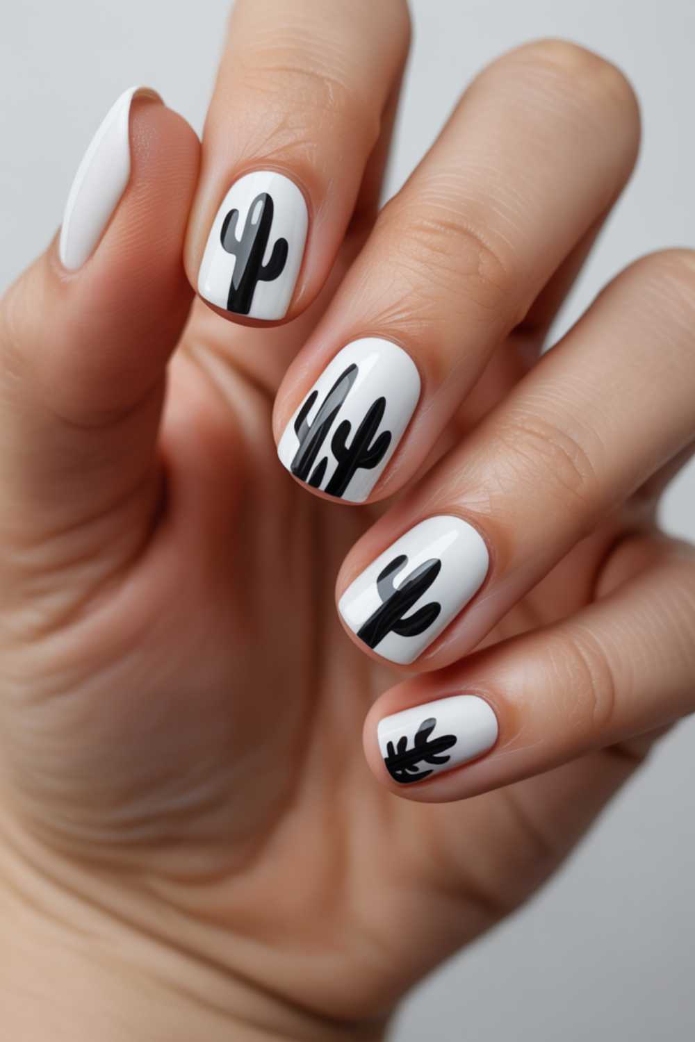A hand with short, white-painted nails featuring simple black cactus designs on each nail.
