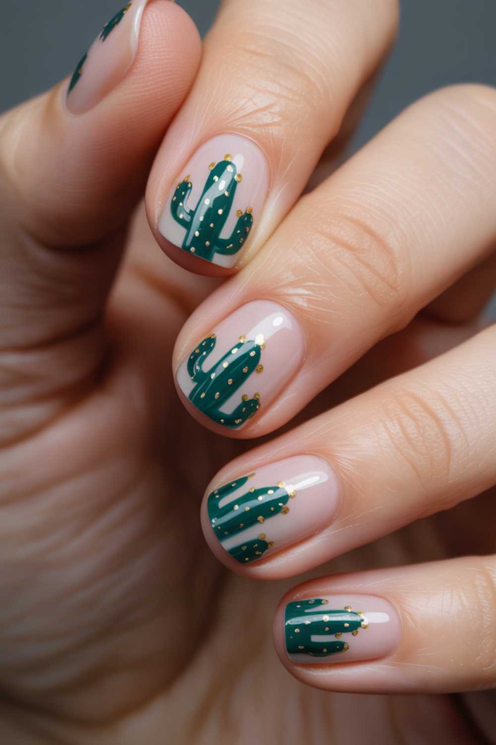 A close-up of a hand with manicured nails featuring green cactus designs and small white and yellow dots on a nude base. The nails are short and neatly filed.