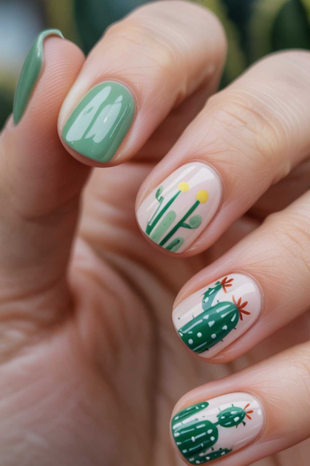 A close-up of a hand with manicured nails featuring green cactus designs and yellow flowers on a natural, nude background. Each nail displays a unique cactus illustration.