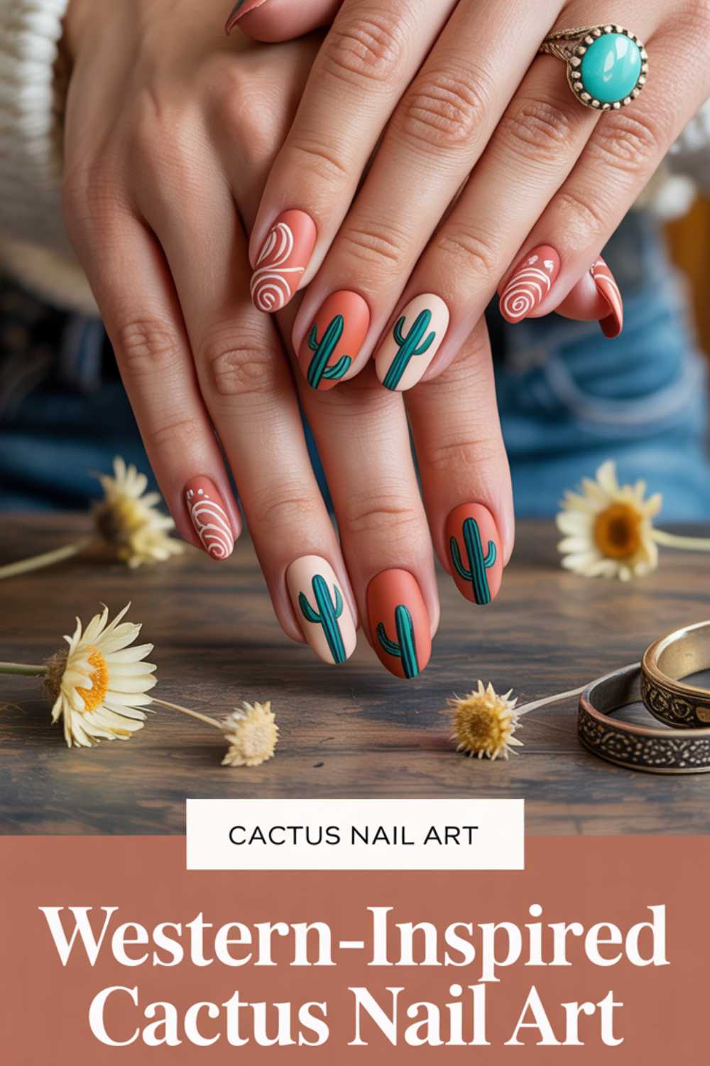 A close-up of hands with western-inspired cactus nail art in green, tan, and rust colors, surrounded by dried daisies, rings, and a turquoise bracelet. Text reads: Western-Inspired Cactus Nail Art.